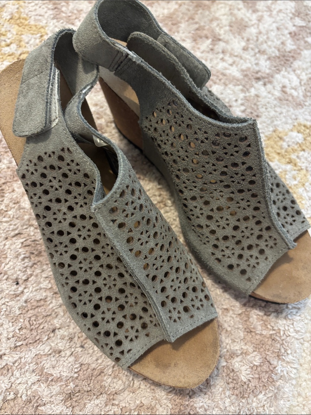 Cutout Peep-Toe Wedge Sandals in Gray Suede